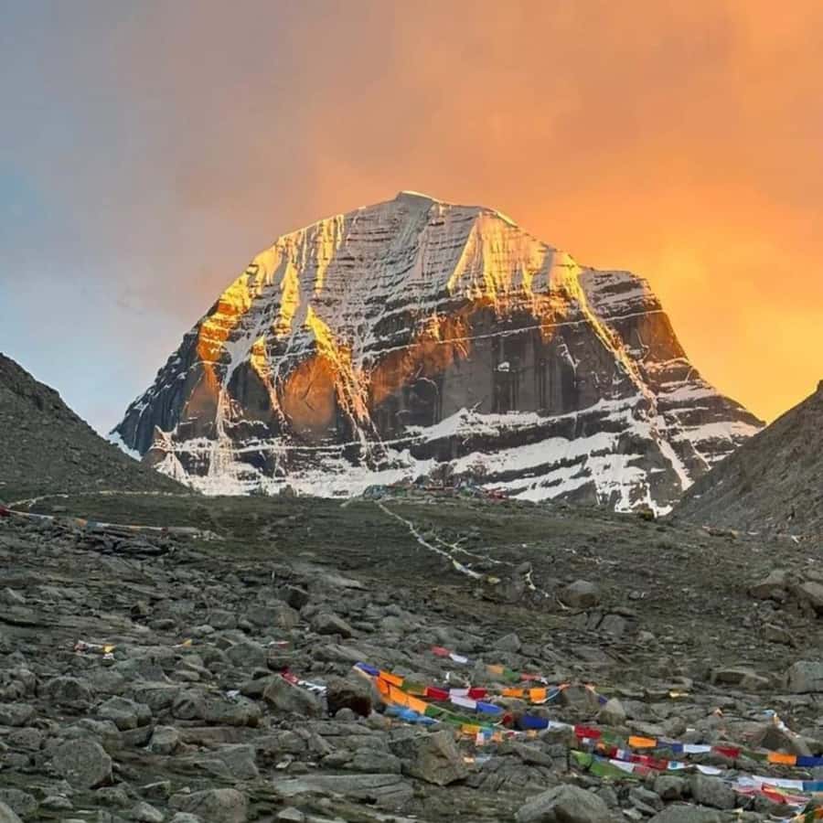 Mount Kailash lit by golden-hour light